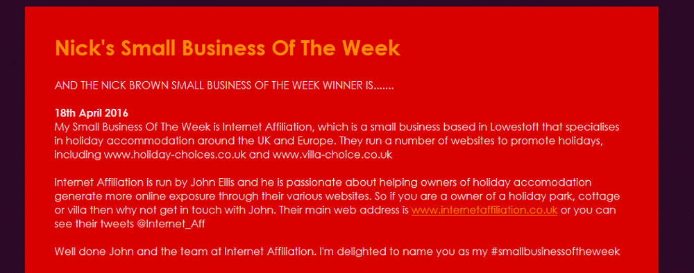 Nick Brown's small business of the week award